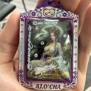 Purple and Silver A.J. O'Cha Amulet Thai Nine Tails Fox Snake Skin Fox Fur